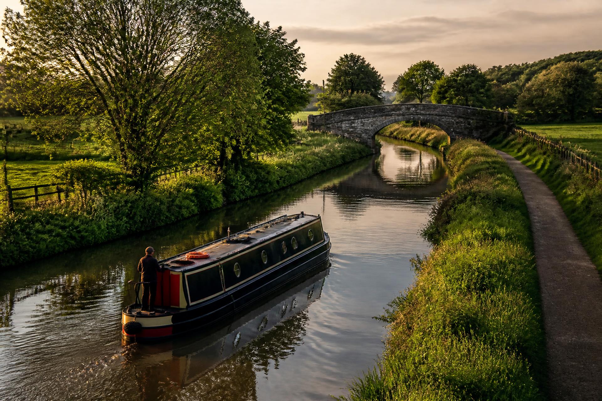 Luxury vessel on a UK inland waterway at dawn